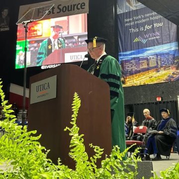 President Todd Pfannestiel addresses the Class of 2025